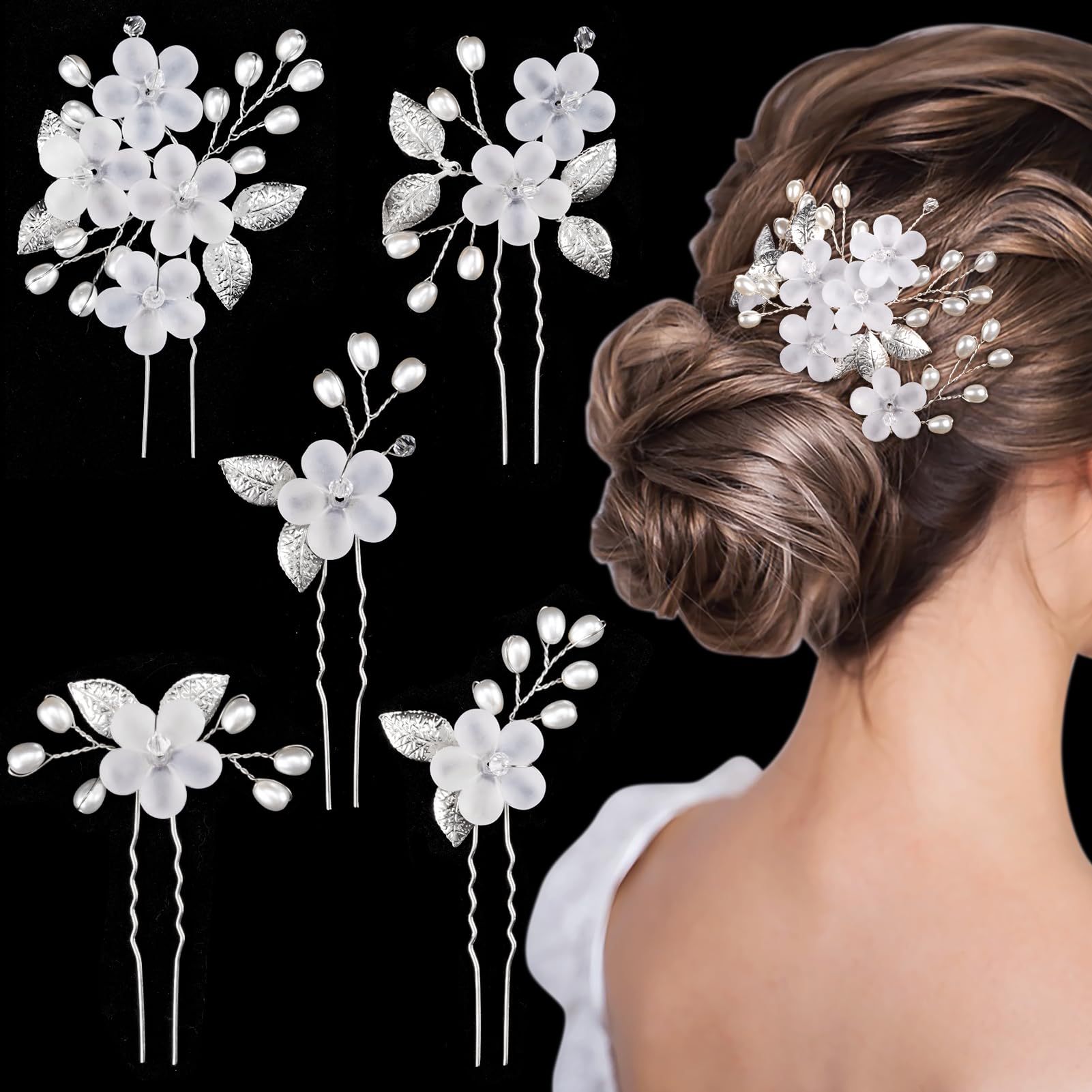 MELLIEX 5 Pcs Bridal Hairpins, Pearl Rhinestone, Flower Hair Clips, Silver Jewelry Wedding Headpiece Hair Accessories for The Bride and Bridesmaid