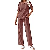 Ekouaer Women Waffle Knit Lounge Sets Short Sleeve Top and Long Pant Pajama Set Loungewear 2 Piece Pjs Set with Pockets