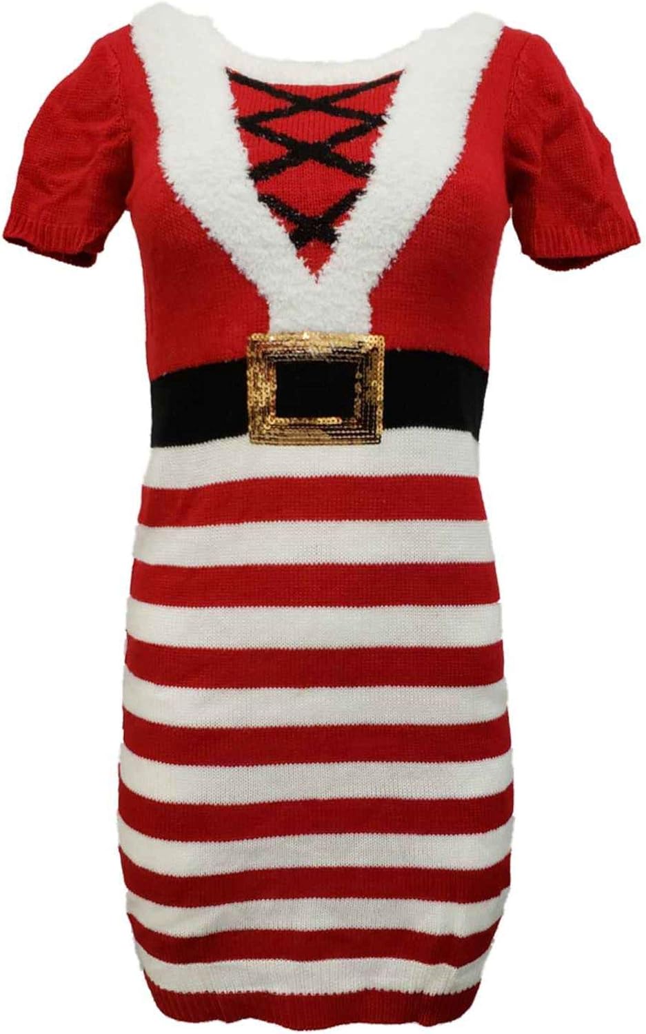 Womens Junior Red White Fuzzy Mrs Claus Christmas Holiday Knit Sweater Dress at Amazon Womenâs 