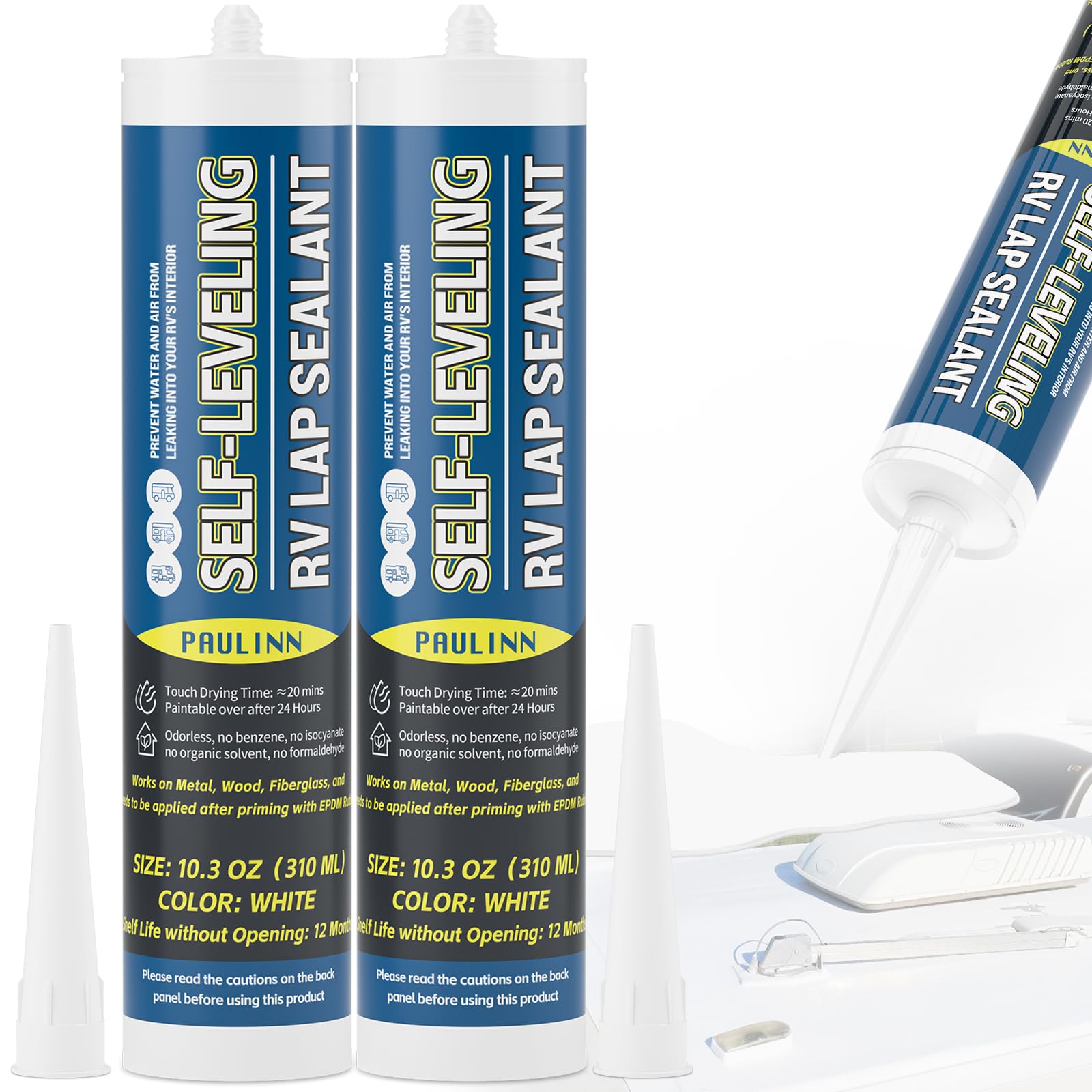 Photo 1 of PAULINN Self Leveling RV Roof Sealant 2 Packs, Lap Sealant White for Camper Repair, RV Caulking, Rubber Roof EPDM, Flexible, UV & Waterproof, no Smell and Safe for RV Indoor use