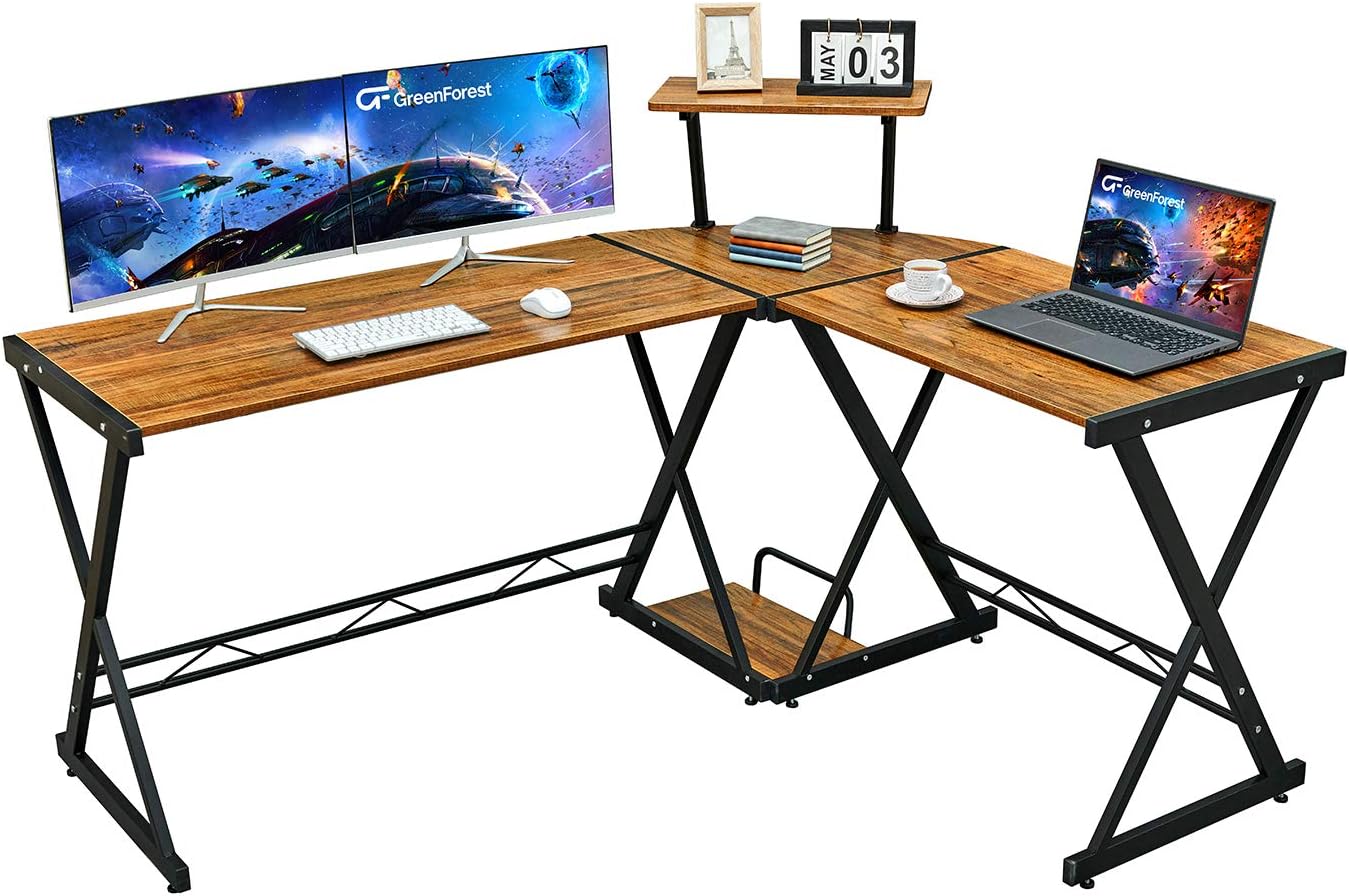 GreenForest L Shaped Desk with Moveable Shelf, 58" x 44" Corner