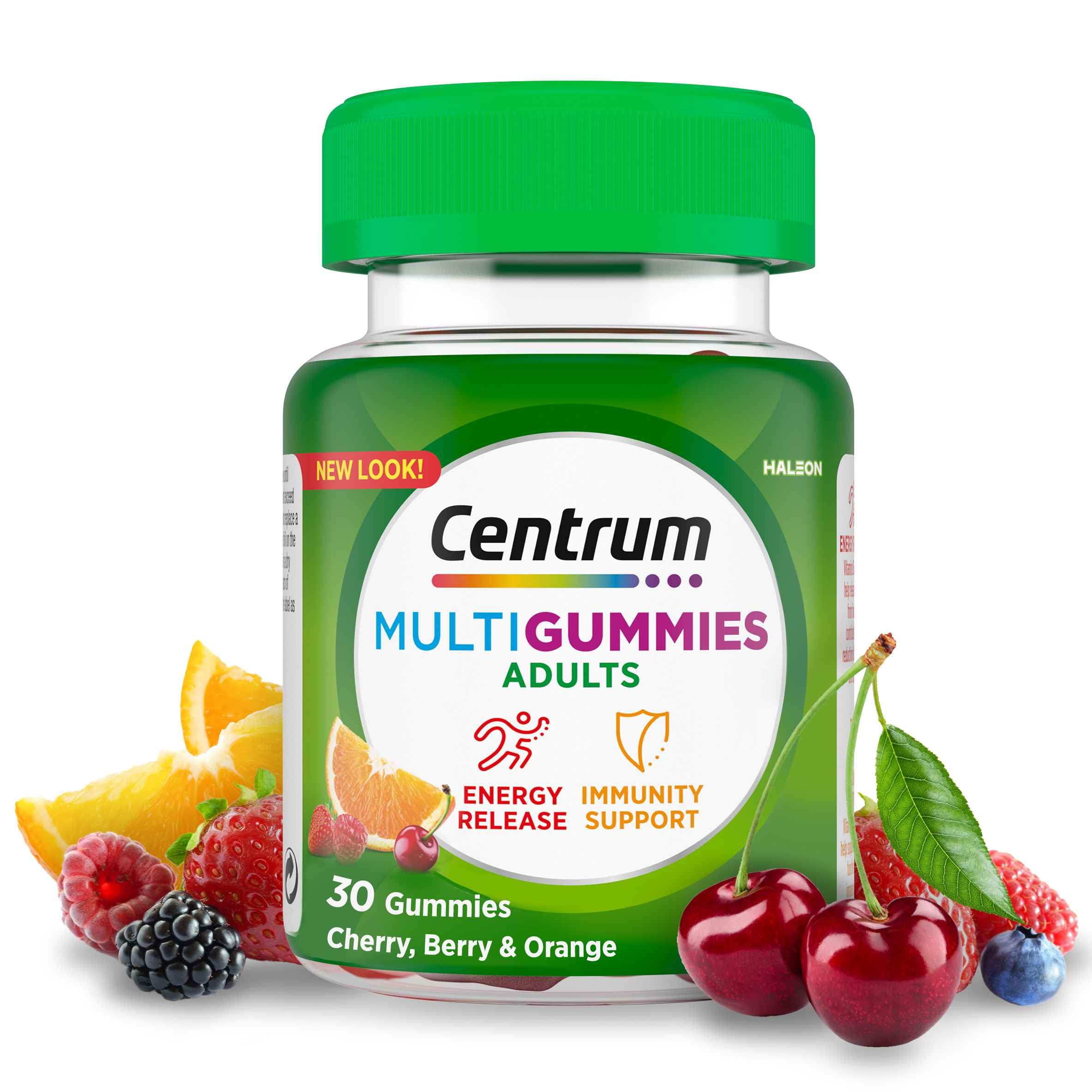 Centrum MultiGummies, Gummy Multivitamins for Adults with Cherry, Berry & Orange Natural Fruit Flavouring, Includes essential vitamins D, B12 & C, 30 ct