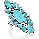 Turquoise 925 Sterling Silver Ring for Women, Bohemian Flower Statement Band, Vintage Genuine Gemstones Black Oxidized Rings Size 6-9