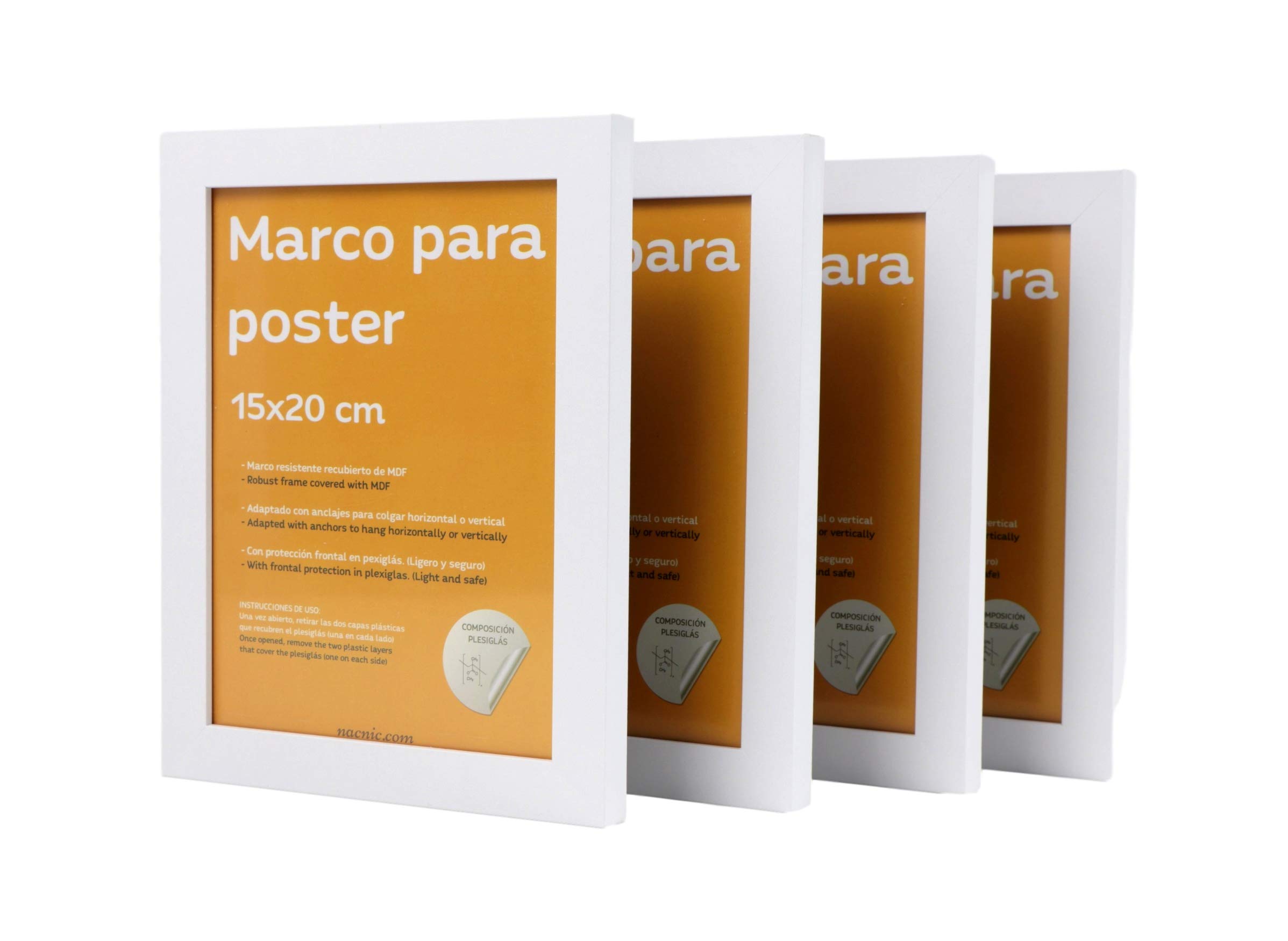 Nacnic Set of 4 Robust Classic photo frame to protect and display photos, diplomas, billboards, posters, pictures... Frames in different sizes and colours. White, size 15x20 cm