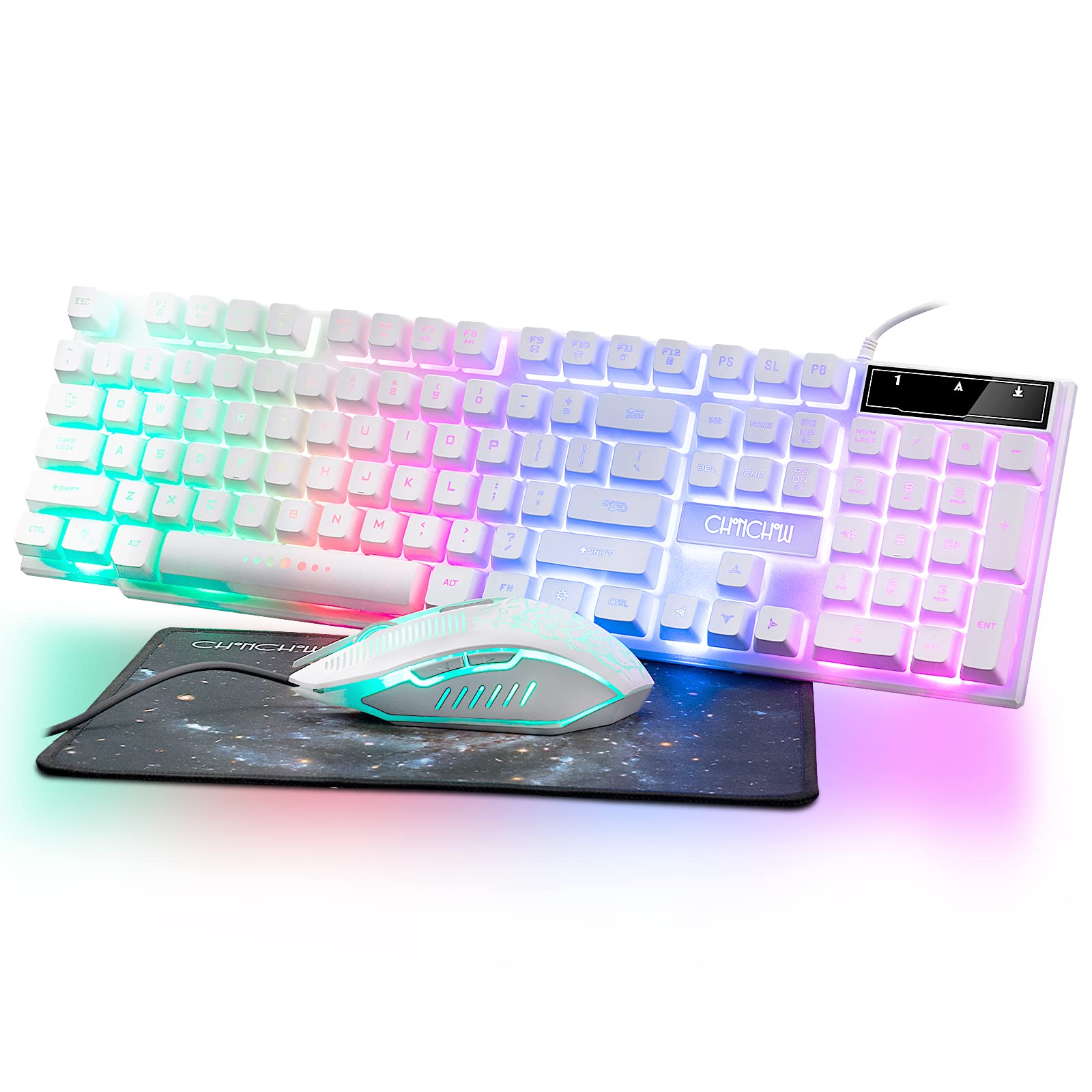Gaming Keyboard and Mouse Wired CHOCNHOW White Keyboard Rainbow Backlit,Light Up Keys, Multimedia Keys, Waterproof Compatible with PC Laptop Xbox Ps4/Ps5 Work/Gamer