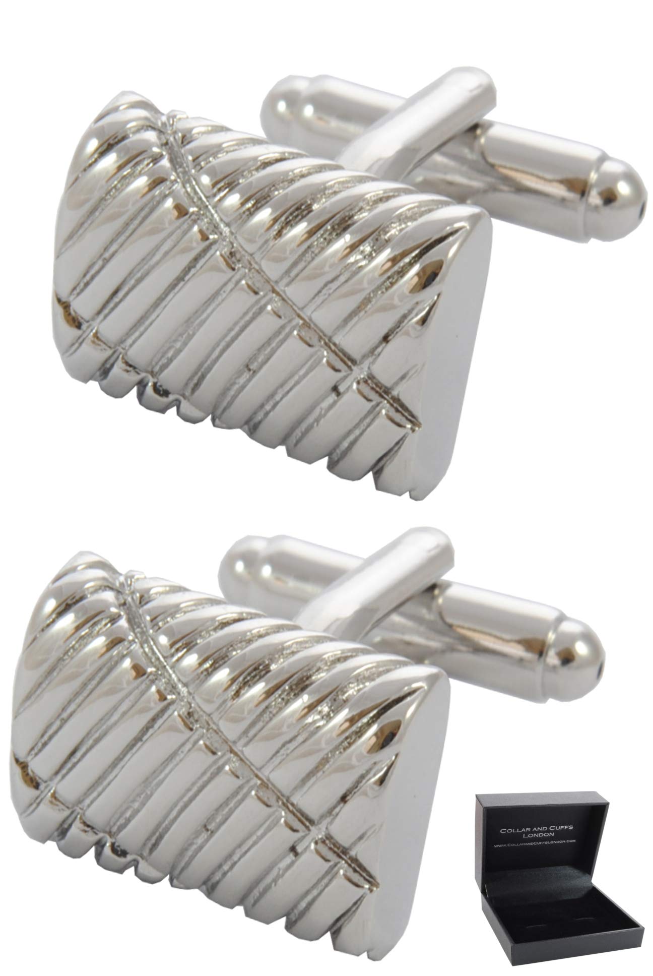 Cufflinks for Men + Presentation Box - Silver Colour - Half Barrel Diagonal Ribbed - Brass Metal - Classic Oblong Reflective Iconic Design - One Pair
