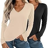 Ficerd 2 Pack Women's Long Sleeve T Shirts, Casual V Neck Tunic Tops Basic Loose Solid Tees Irregular Hem Blouses Outfit 2025