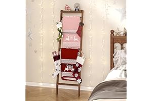 Hzuaneri Blanket Ladder Shelf, Decorative Quilt Rack,6-Tier Farmhouse Ladder Holder Organizer with 4 Removable Hooks, Rustic Brown BR35801B