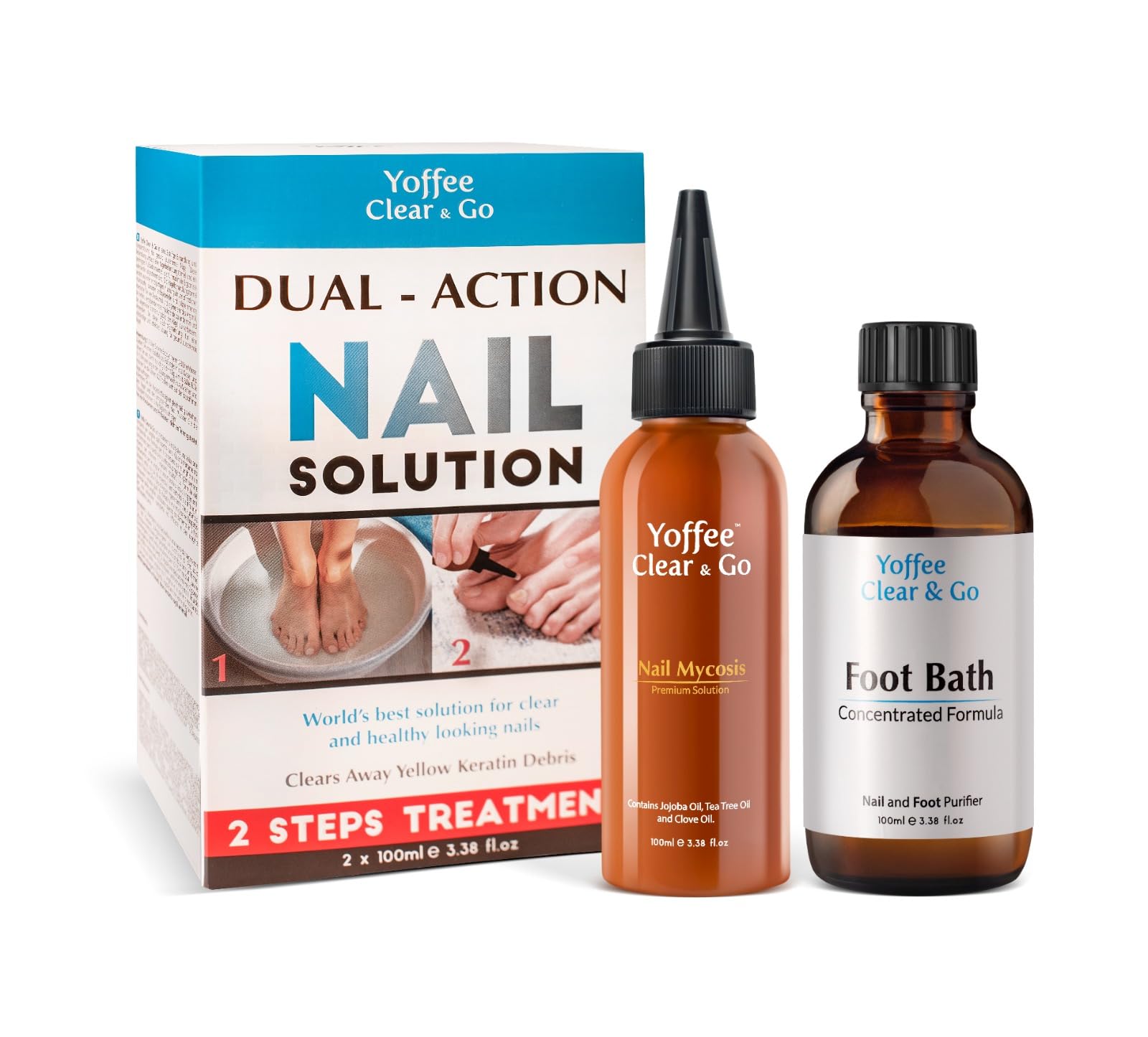Yoffee Clear Fungal Nail Treatment Set - Nail Mycosis Solution & Concentrated Foot Bath - Clears Yellow Keratin Debris - Tea Tree Oil for Skin & Nail Fungus - Prevents Fungal Nail - 2 x 100ml