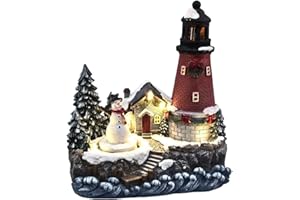Lightahead Christmas Scene LED Lighted Lighthouse with Turning Snowman Figurine, A Musical Decoration with 8 melodies
