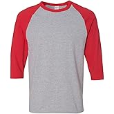 Gildan Heavy Cotton 3/4 Raglan Sleeve T-Shirt, 5.3 oz 100% US Cotton, Classic Fit (US, Alpha, X-Large, Regular, Regular, Grey/Red)