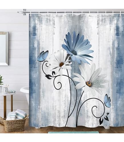 Omifly 72x84 Inch Blue & White Floral Shower Curtain - Waterproof Fabric With 12 Hooks, Botanical Rose Eucalyptus Bathroom Decor - View #2