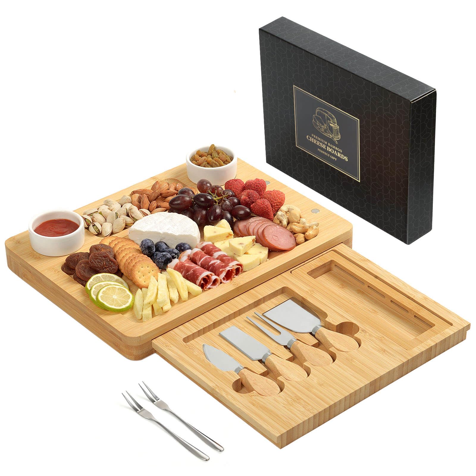 Bamboo Cheese Board Set - Charcuterie Boards and Serving Meat Platter, Cheese Tray with 4 Stainless Steel, 1 Drawers, Cheese Knives Cutting Board Platter, Ideal for Halloween, Wedding, Christmas Gifts Image