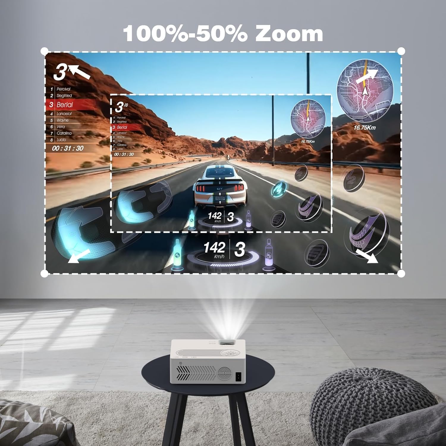 Beamer, Mini Beamer Tragbarer, Full HD 1080P unterstützt Projektor, 50%-100% Zoom, Bluetooth 5.2, 200 Zoll Heimkino, Kompatibel mit Smartphone/TV Stick/Laptop