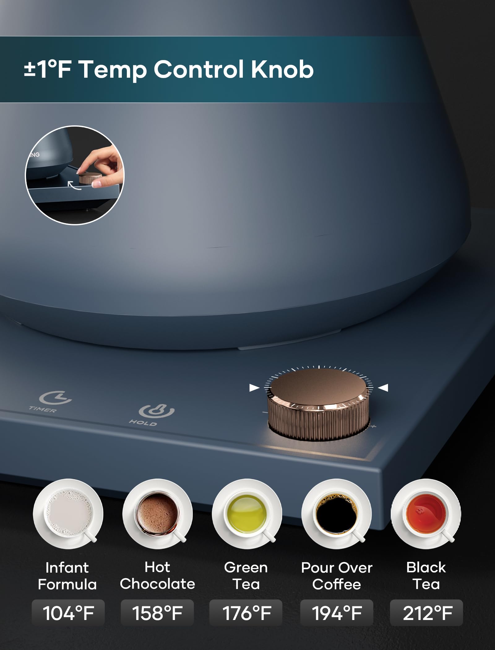 INTASTING Hervidores eléctricos, hervidor eléctrico de cuello de cisne, control de temperatura ±1 ℉, interior de acero inoxidable, calentamiento rápido, para verter sobre café, preparar té, hervir agua caliente, 0,9 L azul marino