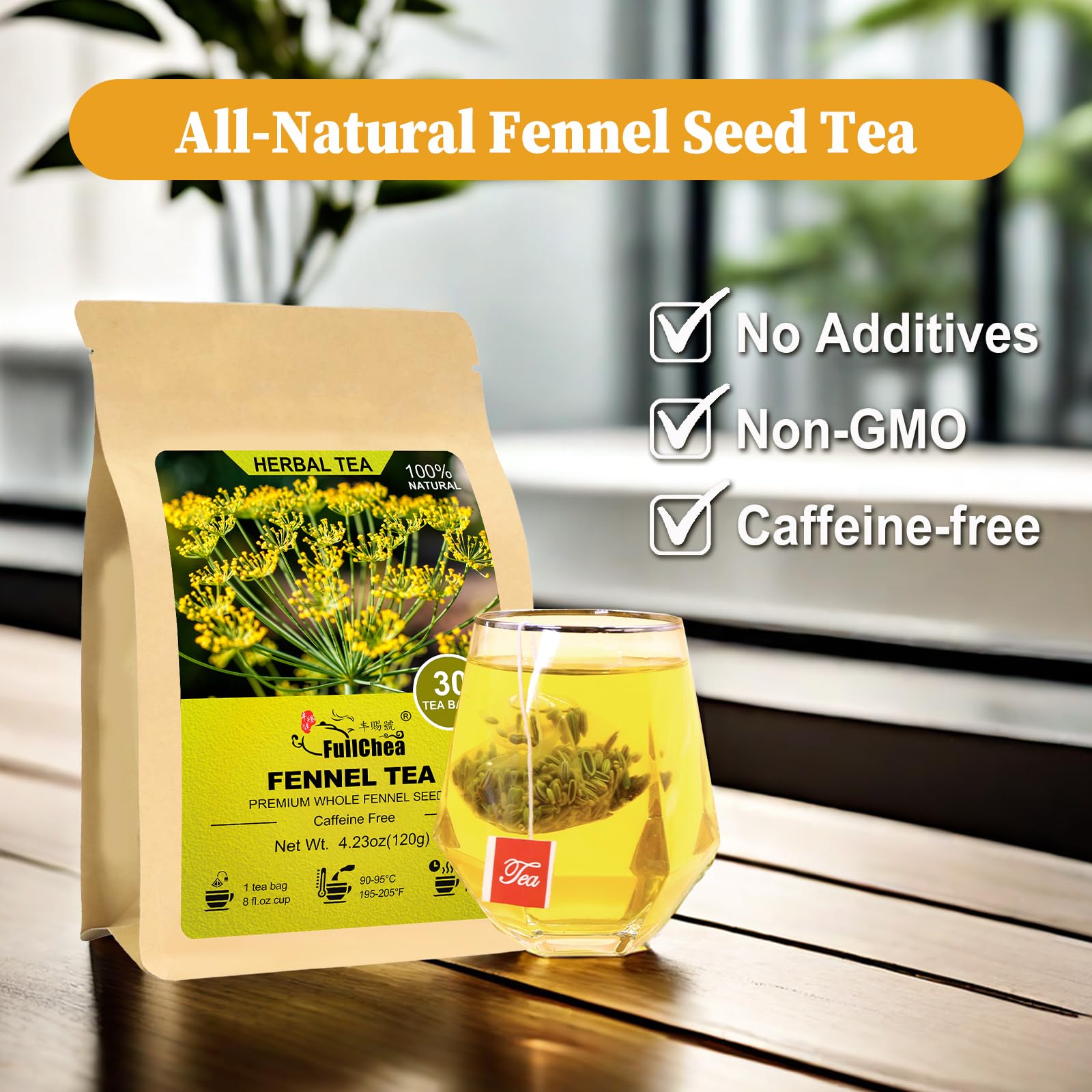 FullChea Fennel Tea Bags, 30 Teabags (4g/bag) - Premium Whole Seeds | Non-GMO | Caffeine-free | Helps Improve Digestion & Immune System
