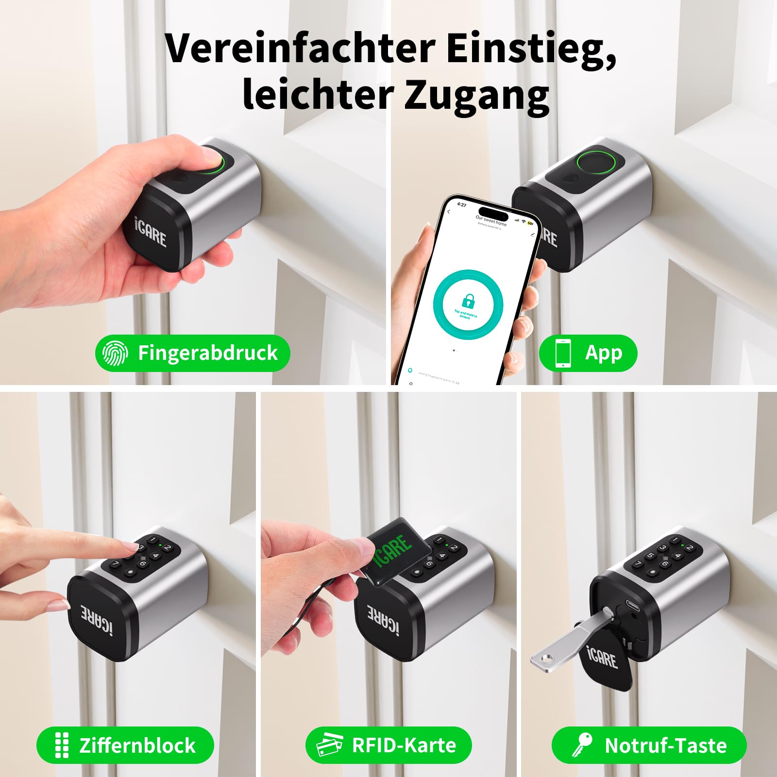 Türschloss Fingerabdruck Smart Lock, Schließzylinder 60-90mm(30/30,45/45), Elektronisches Fingerabdruck Türschloss Haustürschloss mit RFID, App, Bluetooth, Tasten Smart Türschloss mit Zahlencode 4