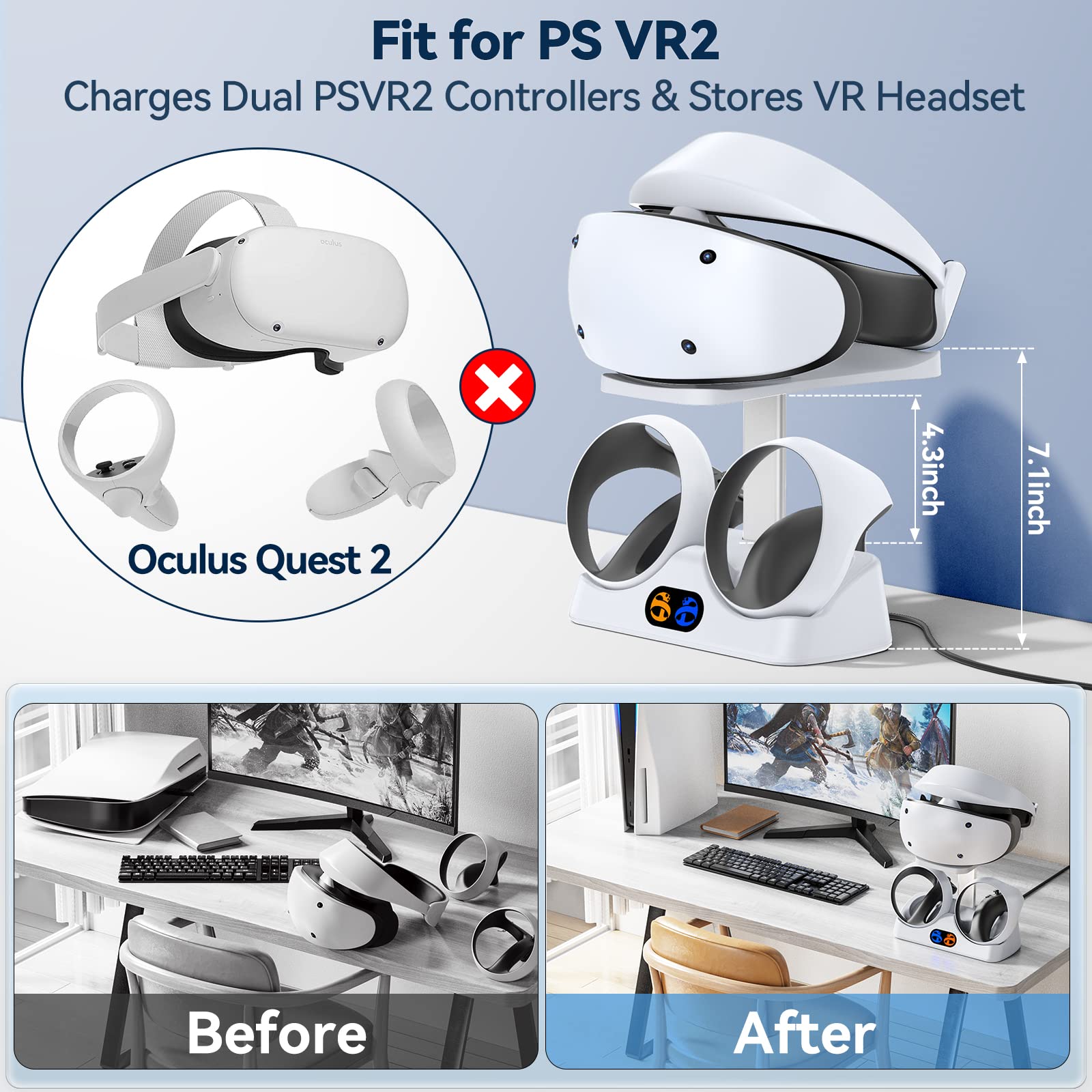 Tokluck Ladestation für PS VR2 Controller, PSVR 2 Ladestation mit Headset Ständer, Schnelles Ladegerät für PS VR2 Controller mit LED Licht für PSVR2 Zubehör, magnetischer Anschluss & Typ C Kabel 3