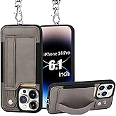 TOOVREN Phone Cover Compatible with iPhone 14 Pro Case with Wallet Strap Card Holder PU Leather Phone Cover for iPhone 14 Pro Wallet Case with Stand Lanyard Kickstand for Women & Men 6.1-Inch Gray