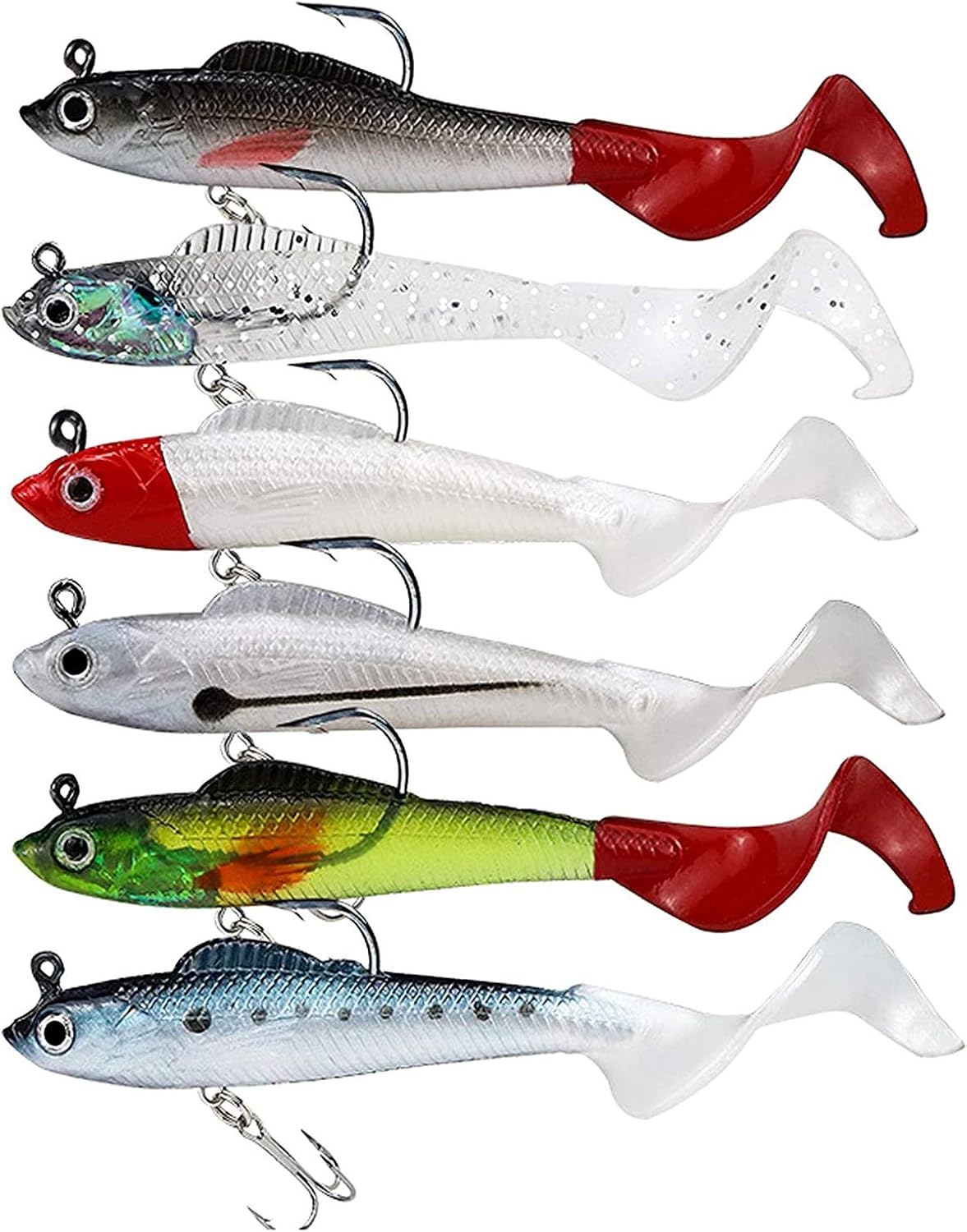 Fishing Lures, Big Soft Tail Soft Fishing Lure Jig Head Silicone Swimbait Lures Set for Sea Bass Pike Trout Perch (D 6PCS)