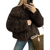 Funlingo Women's Faux Fur Coat Winter Long Sleeve Lapel Cropped Jacket Warm Shaggy Overcoat