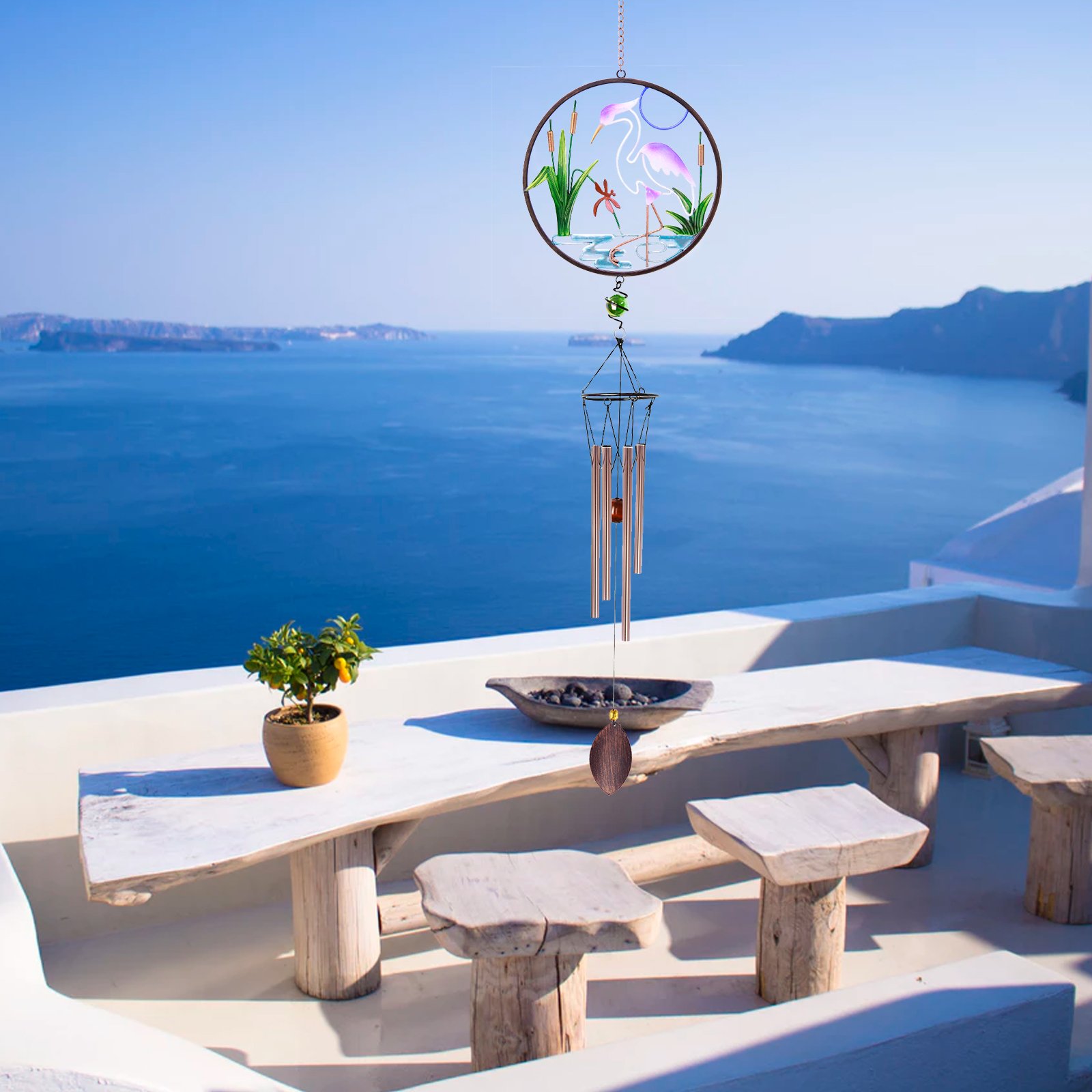 CREATIVE DESIGN CD-WC02, 32\'\'H White Crane Wind Chimes, Portable Metal Home Garden Decoration