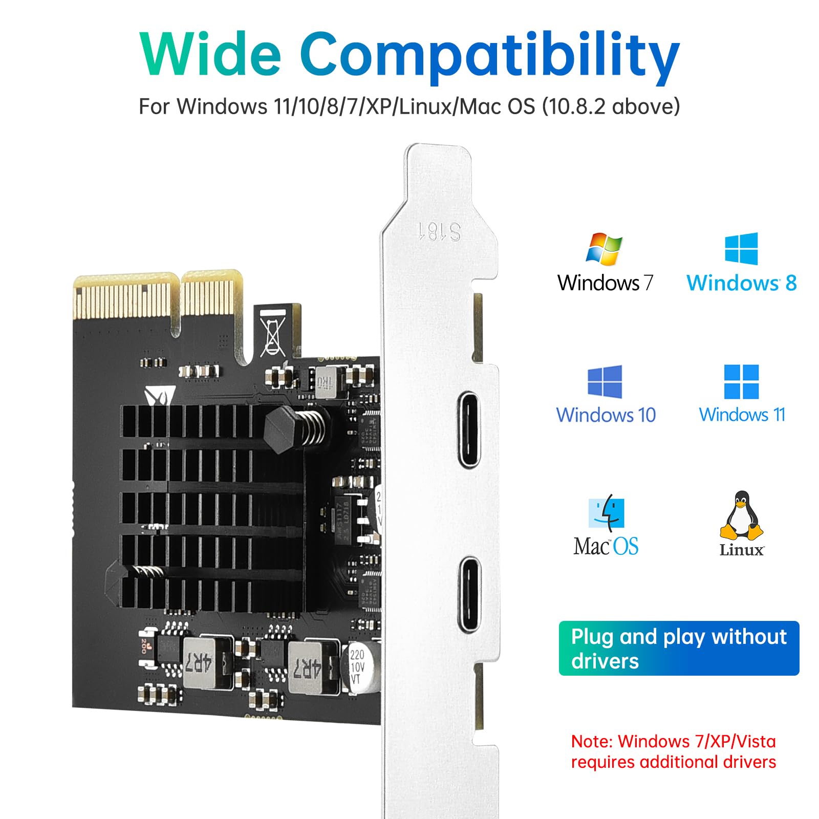 Eluteng Pcie Usb C 3.2 Gen2 Card 2 Ports (2 X Type C), 10Gpbs Pci Express Expansion Card Compatible With Pcie X4/X8/X16, With Heatsink For Desktop Pc Windows 11/10/8/7/Xp - View 7