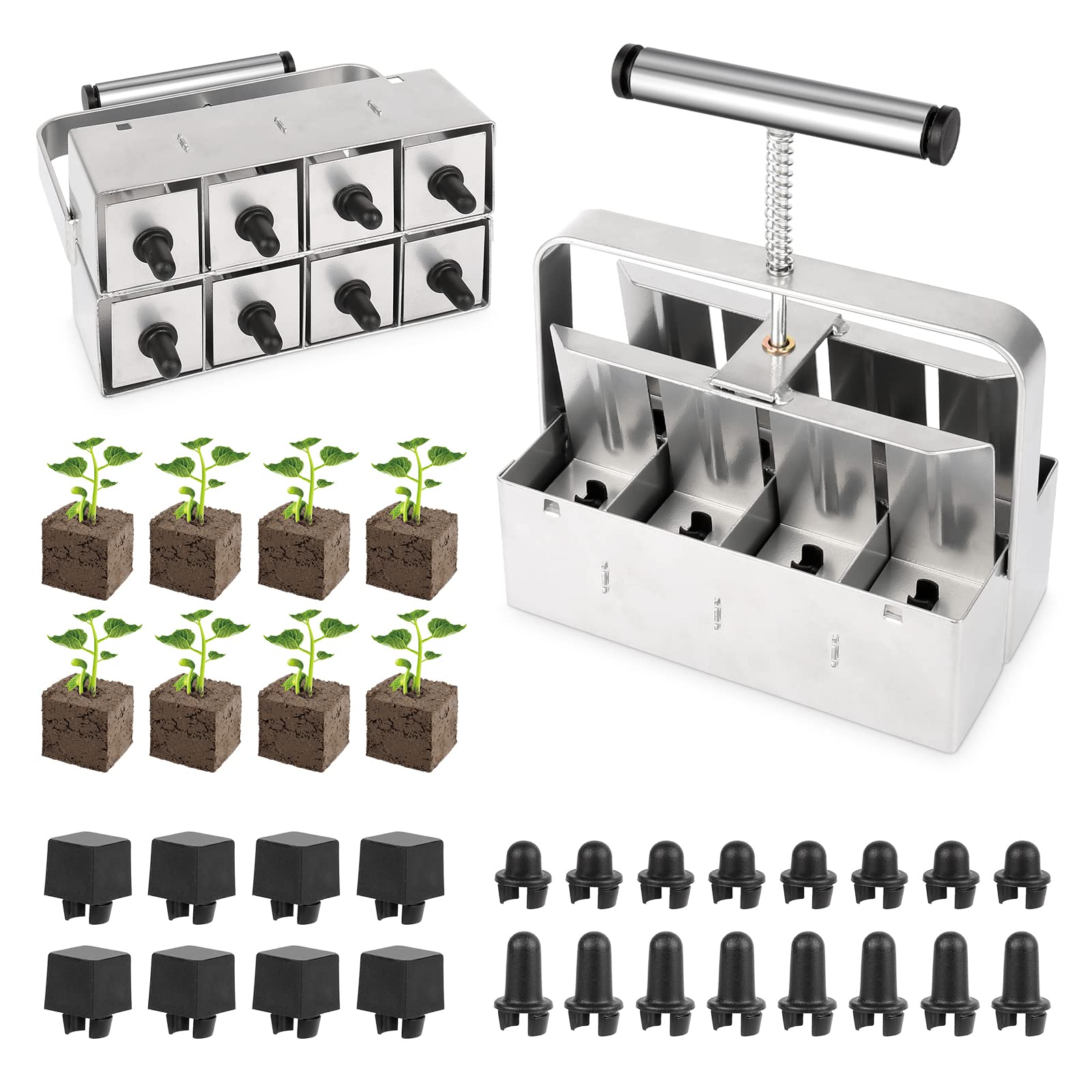 View 1 of Upgraded Soil Blocker, 8 Cell Seed Blocker 2 inch Quad Soil Block Maker Manual with 3 Types of Seed Pins,Hand-held Soil Blocking Tool for Seed Stater Tray Outdoor Plants