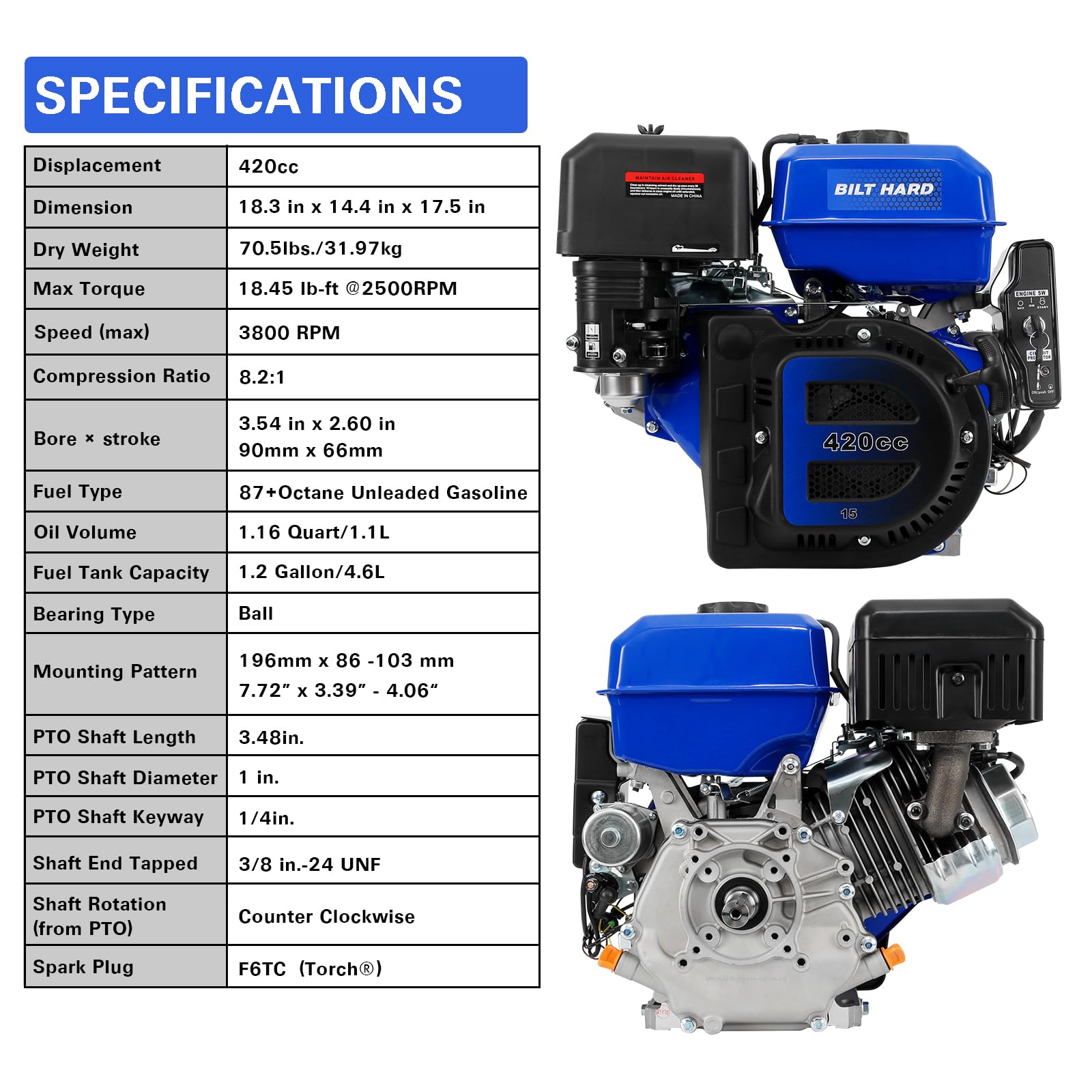 Hart 420 Engine Mua BILT HARD 420cc 15HP Gas Engine with Electric Start, Horizontal ...