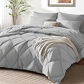 SunStyle Home Full/Queen Comforter Sets, 7-Pieces Bed in a Bag with Comforter and Sheets, All Season Bedding Sets with Comforter, Flat Sheet, Fitted Sheet Pillow Shams and Pillowcases (Light Grey)