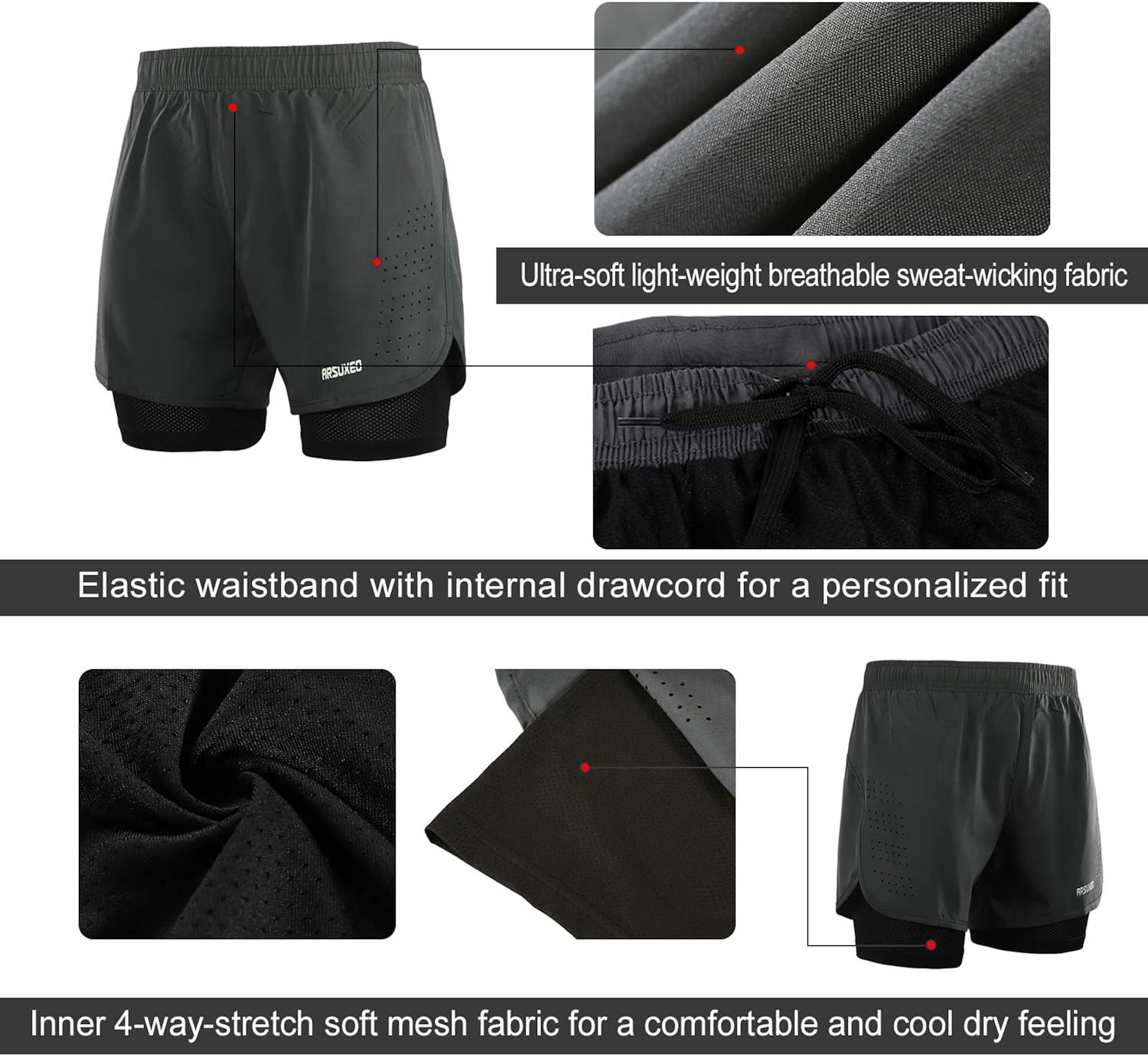 ARSUXEO Men's Active Training Running Shorts 2 in 1 : Clothing