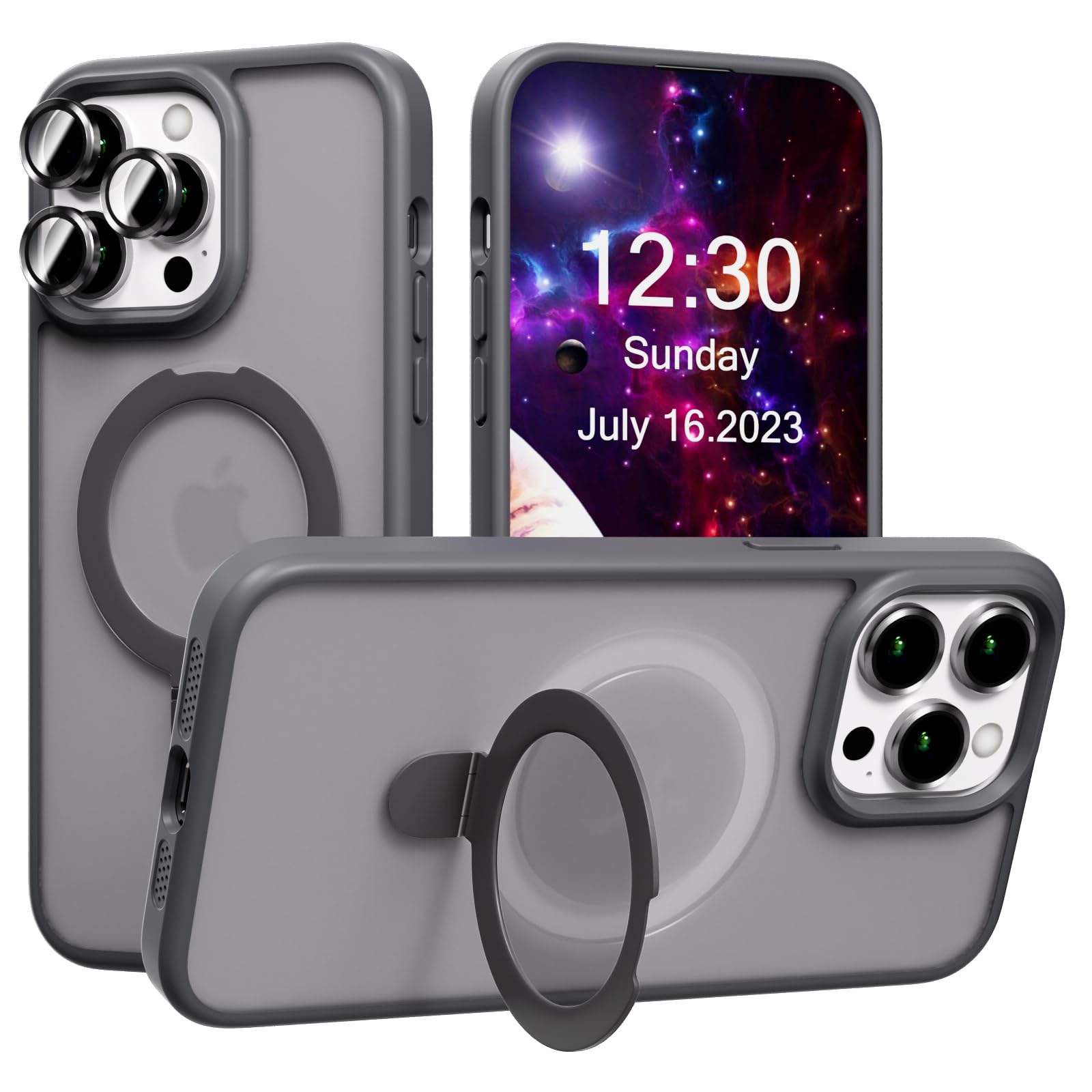 AKABEILA Case for iPhone 14 Plus Case with 3 Pcs Camera Lens Protector Frosted Matte Phone Case Cover Wireless Charging Magnetic Ring Stand 6.7 Inch Grey — image 1