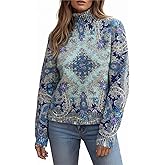 Womens Boho Turtleneck Sweater Long Sleeve Floral Printed Chunky Knit Fall Winter Oversized Pullover Tops