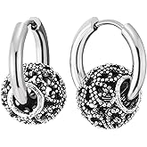Womens Stainless Steel Hoop Earrings with Antique Beaded Orb Charm Gothic Punk Retro Drop Earrings