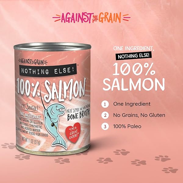 EVANGER’S AGAINST THE GRAIN NOTHING ELSE! 100% SALMON DOG FOOD – 12 COUNT, 11 OZ EACH – SINGLE-INGREDIENT MEATBALL TEXTURE IN NATURAL BROTH – WET DOG FOOD – GRAIN & GLUTEN FREE