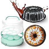 CREACAKE 10 inch Bundte Cake Pan Nonstick with 12in Cake Carrier for Easy Transportation - Premium Fluted Cake Pans For Oven, Cake Mold, Moldes para Gelatinas