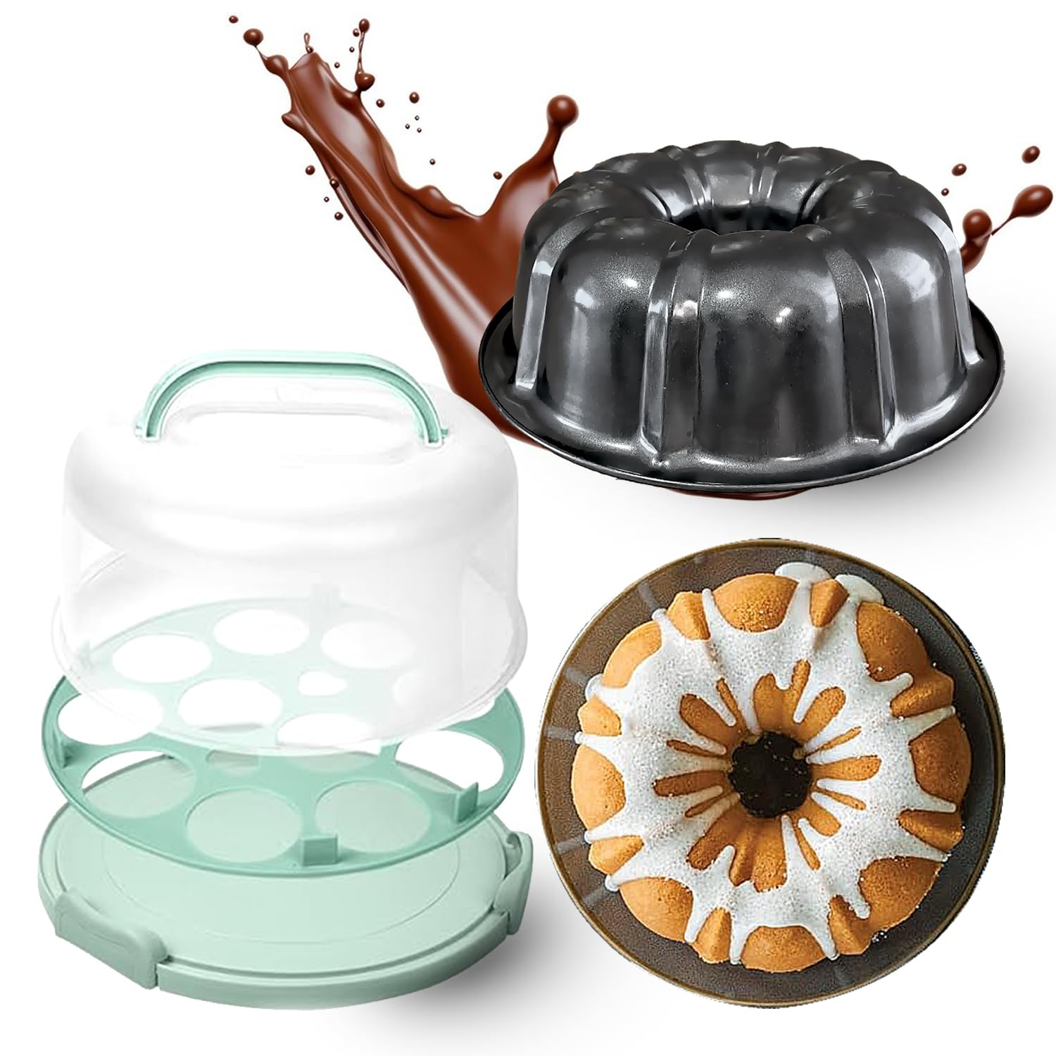 Photo 1 of **MISSING PARTS**CREACAKE 10 inch Bundte Cake Pan Nonstick with 12in Cake Carrier for Easy Transportation - Premium Fluted Cake Pans For Oven, Cake Mold, Moldes para Gelatinas