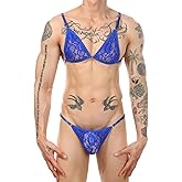 Panegy Men's 2 Piece Lingerie Set Floral Lace Sissy Bra and Thong Underwear Crossdressing Nightwear