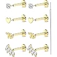 18K Gold Plated Threadless Flat Back Earrings Studs 316L Surgical Steel Push in Nose Studs Rings 20G 18G 16G CZ Tragus Cartilage Helix Conch Lip Labret Medusa Nostril Piercing Jewelry Hypoallergenic