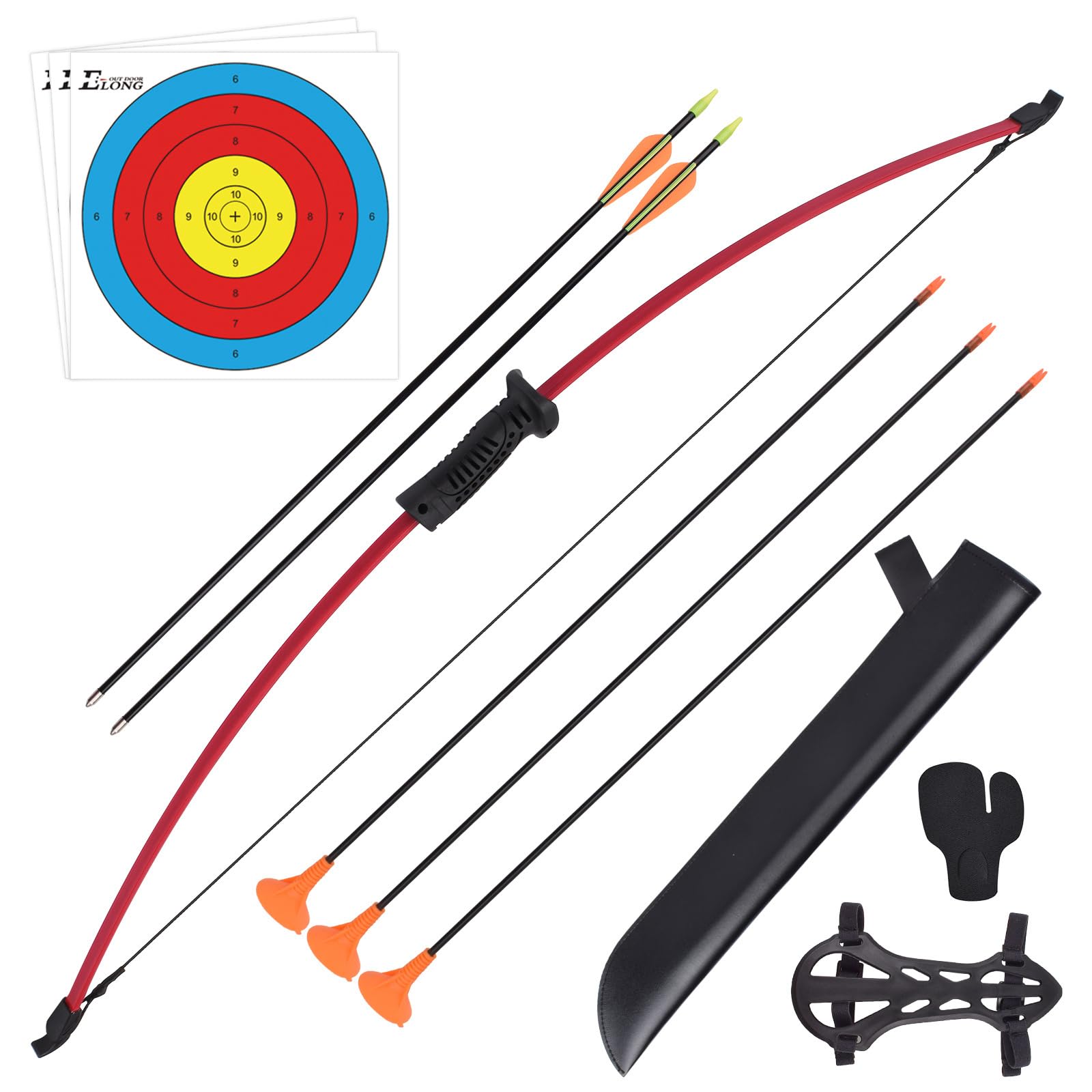 Recurve Bow and Arrow Set Archery with 26" Fiberglass Arrows Quiver Target Finger Tab Armguard Outdoor Youth Children Junior Beginner Longbow Training