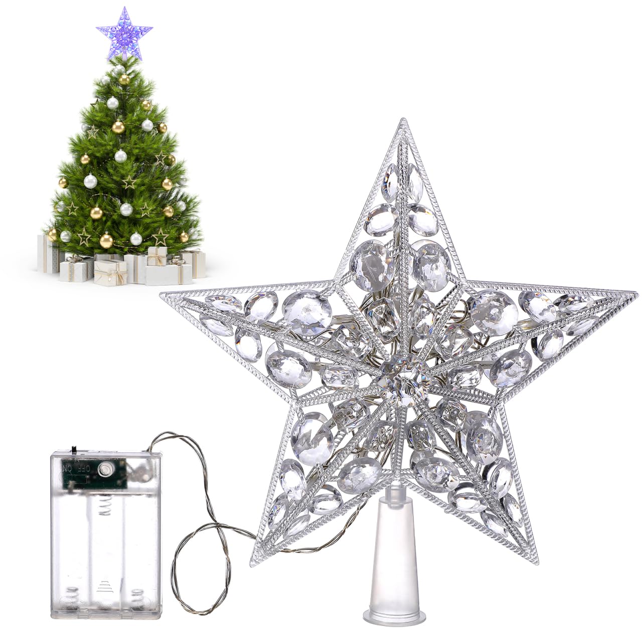Uonlytech Christmas Tree Topper Crystal Star Tree Topper Rhinestone Christmas Star Light up Tree Stars Table Decoration Ornament Party Prop (Blue Light)