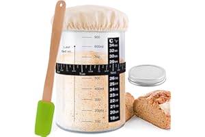 TYNIAIDE Sourdough Starter Jar - 1000ml Sourdough Starter Kit, Large Glass Jar for Sourdough - Sourdough Starter Crock - Reusable Sour Dough Starter Jar With Thermometer, Silicone Scraper, Cloth Cover and Lid