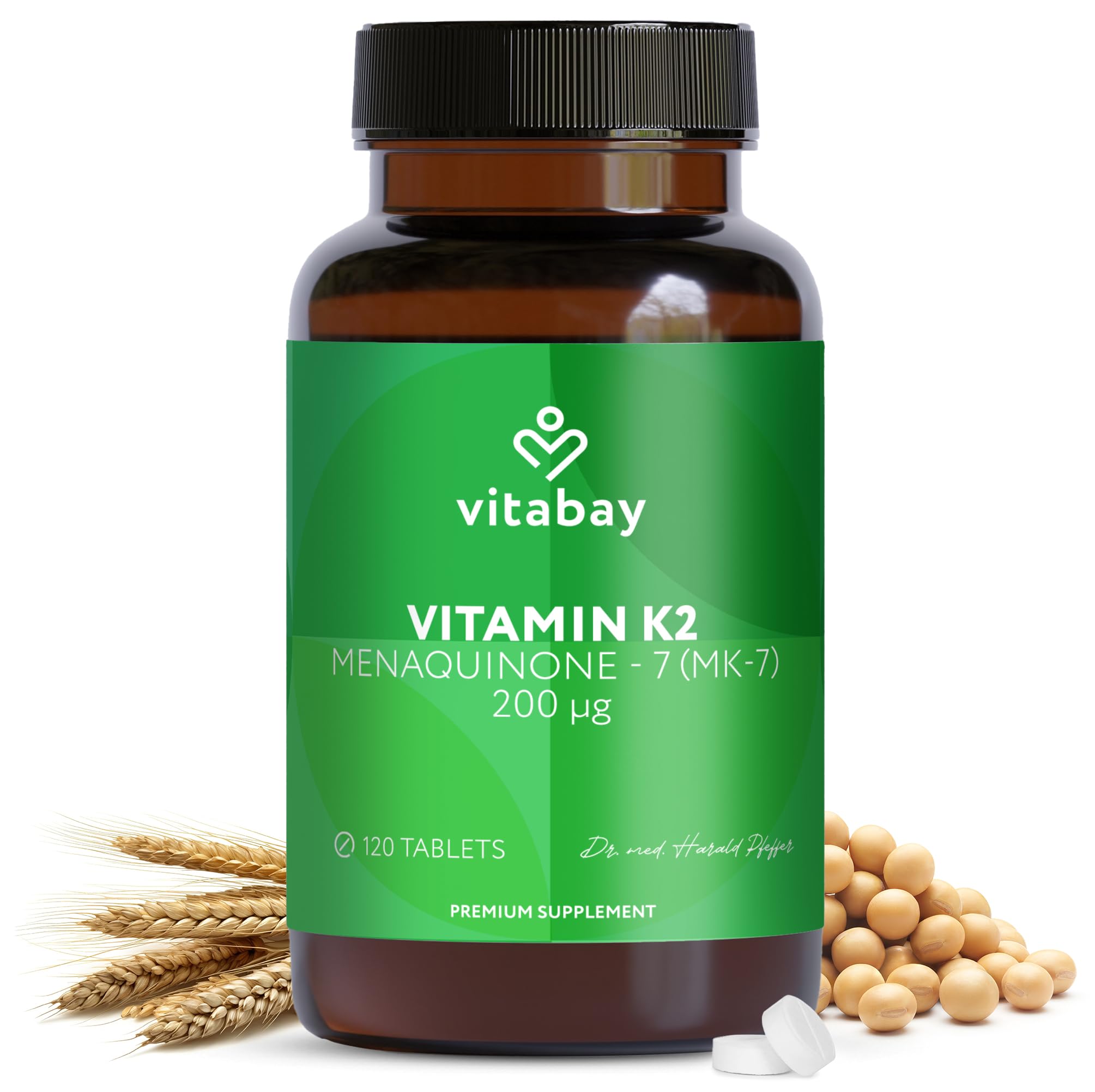 Vitabay Vitamin K2 200μg - 120 Tablets of Vitamin K2 MK7 from Japanese Natto Beans - Vegan Menaquinone-7 All Trans Form - Highly-dosed and Bioavailable Supplement - Laboratory Tested
