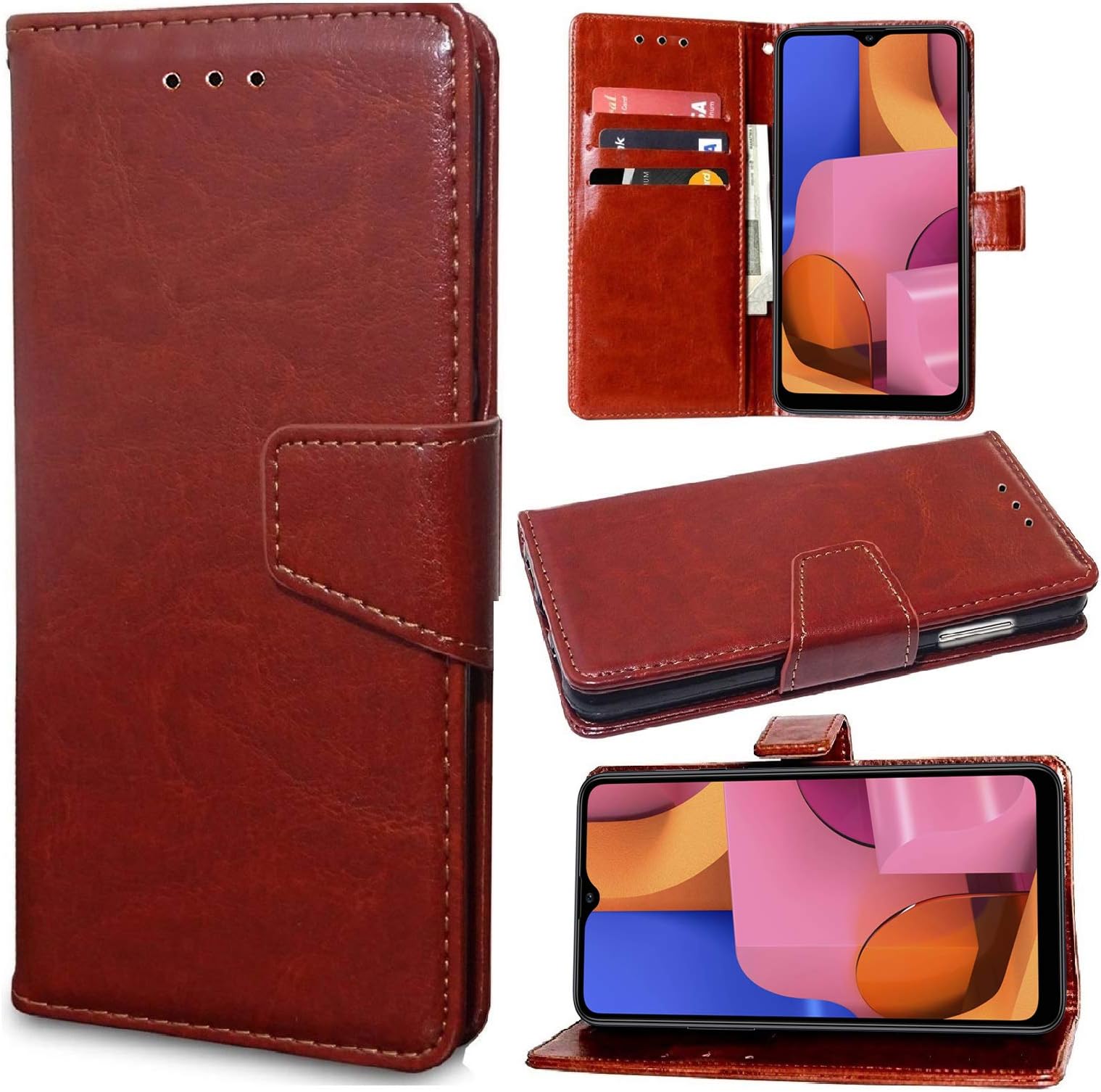 Unistuff Faux Leather Back Case Flip Cover for Samsung Galaxy A20s with Magnetic Loop | Foldable Stand | 3 Card Slot | 1 Cash Slot - Executive Brown, 63372