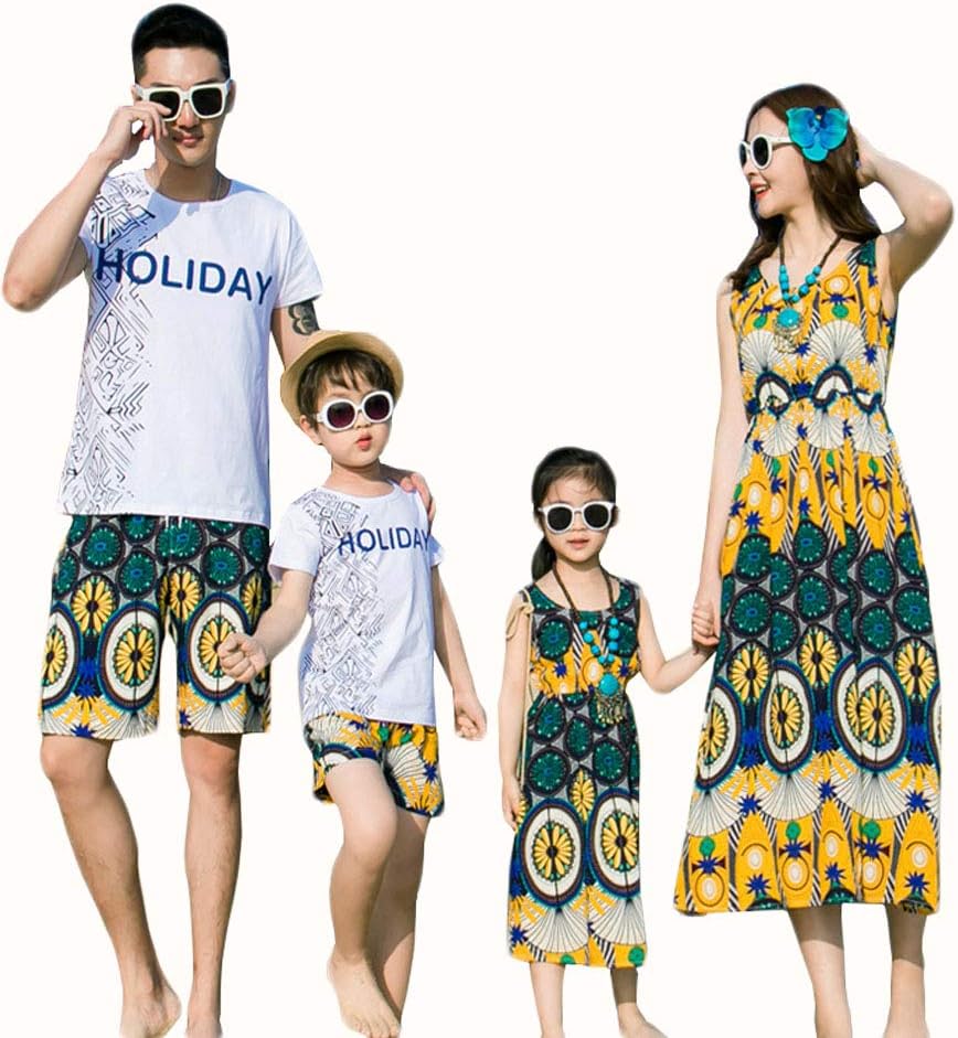 Elufly Summer Family Matching Outfits Floral Mommy Daughter Dresses & Daddy Babies T-Shirt Pants Parent-Child Clothing (Dad A, L)