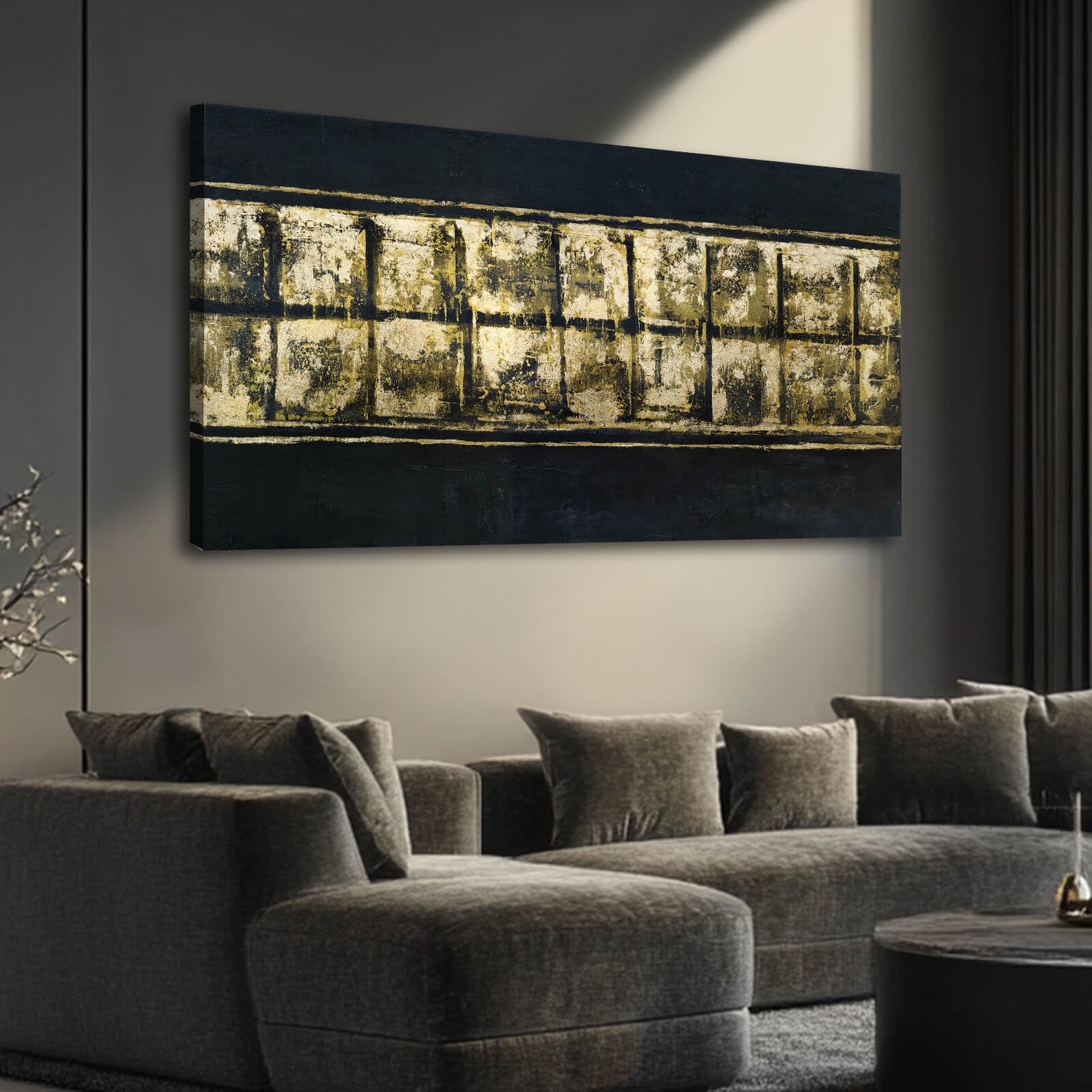 Photo 1 of WINKAILIN Abstract Wall Decor Gold Square Painting on Black Background Bedroom Office Wall Prints for Men Gold Foil Artwork Gallery Wall Art 24x48 Inch