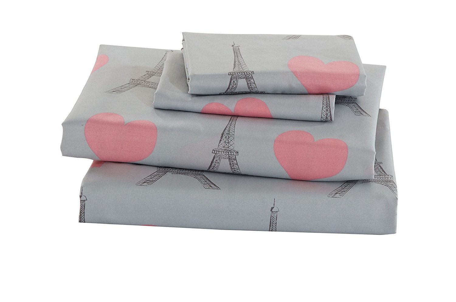 Multicolors Pink Grey Paris Eiffel Tower Bonjour Design with Hearts Fun Printed Sheet Set with Pillowcases Flat Fitted Sheet for Girls/Kids/Teens # Paris (Twin Size)