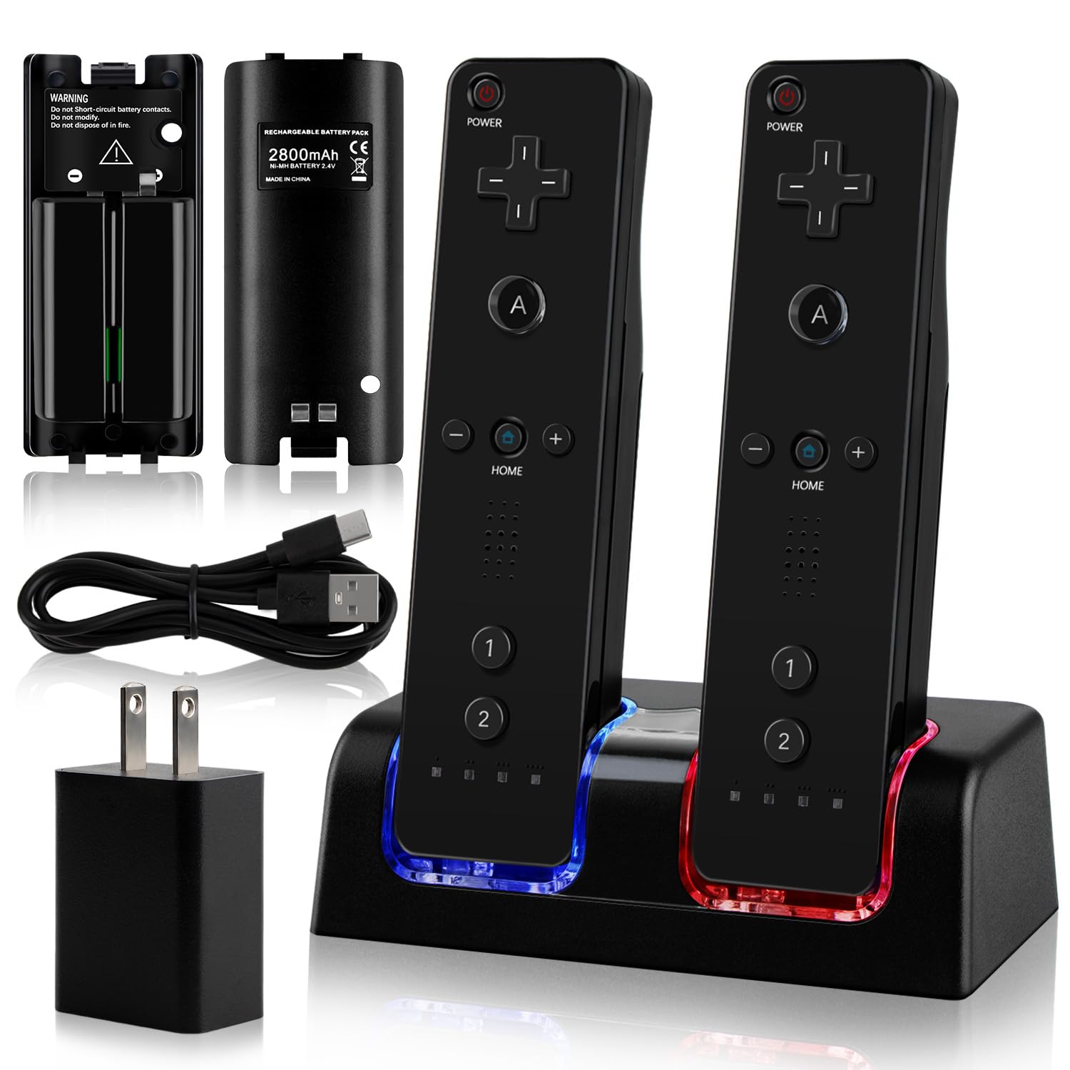 Photo 1 of 2-in-1 Charger Station for Wii/Wii U Remote Controller, with 2 pcs 2800mAh Rechargeable Battery Packs, USB Plug and USB Cable, 2 Port Charging Station for wii Controller (Remote not includedd)-Black