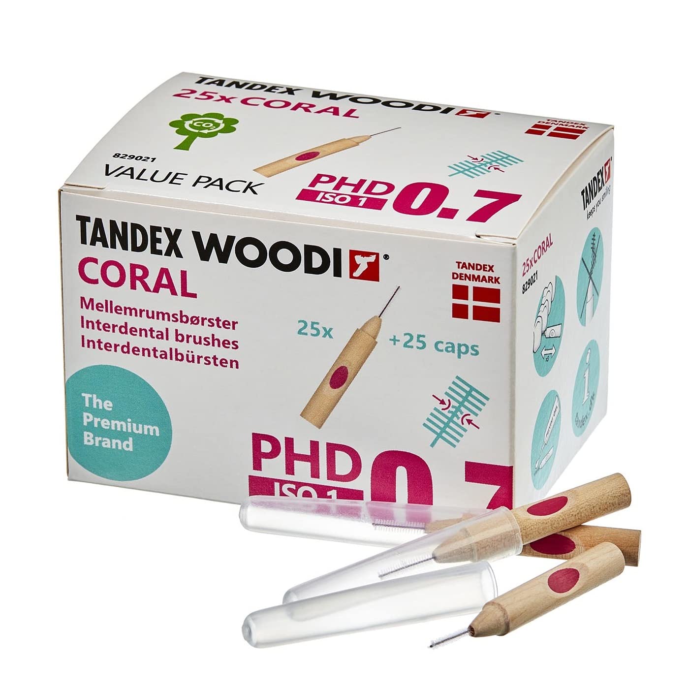 Tandex Woodi 25 Interdental Brushes - Coral PHD 0.7 ISO 1 - Pack of 1