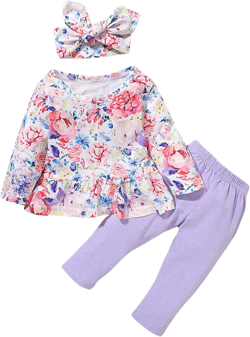 Baby Girl Long Sleeve Clothes Print with Hat Outfits Sets for Toddler Infant Girl 3Pcs